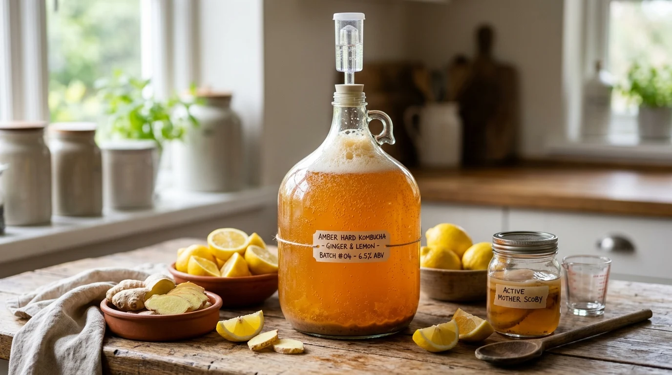 kombucha brewing with alcohol (AI Generated Image)