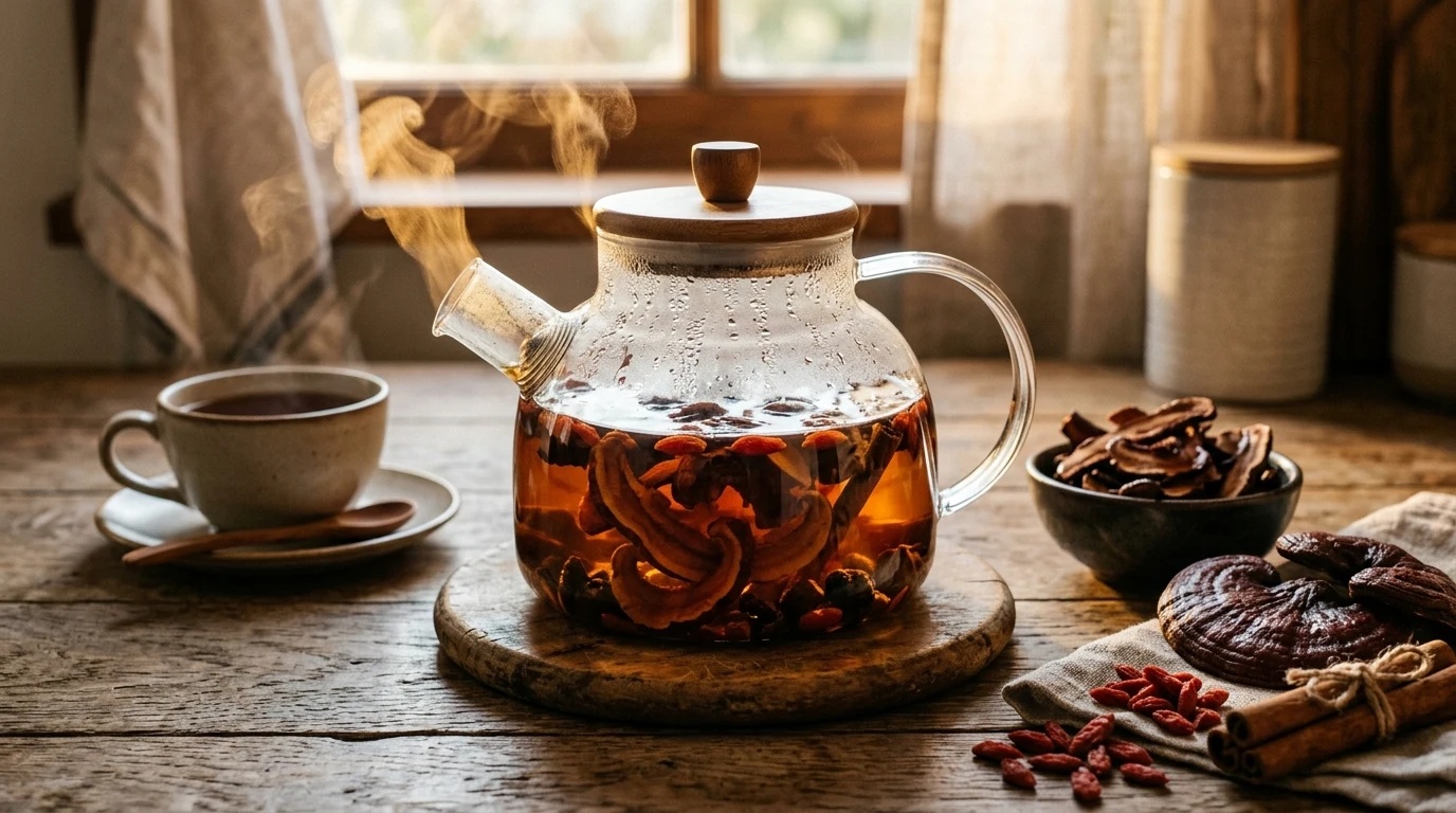 The Complete Guide to Reishi Mushroom Tea: Immune Longevity, Sleep, and How to Brew It 1 reishi tea (AI Generated Image)